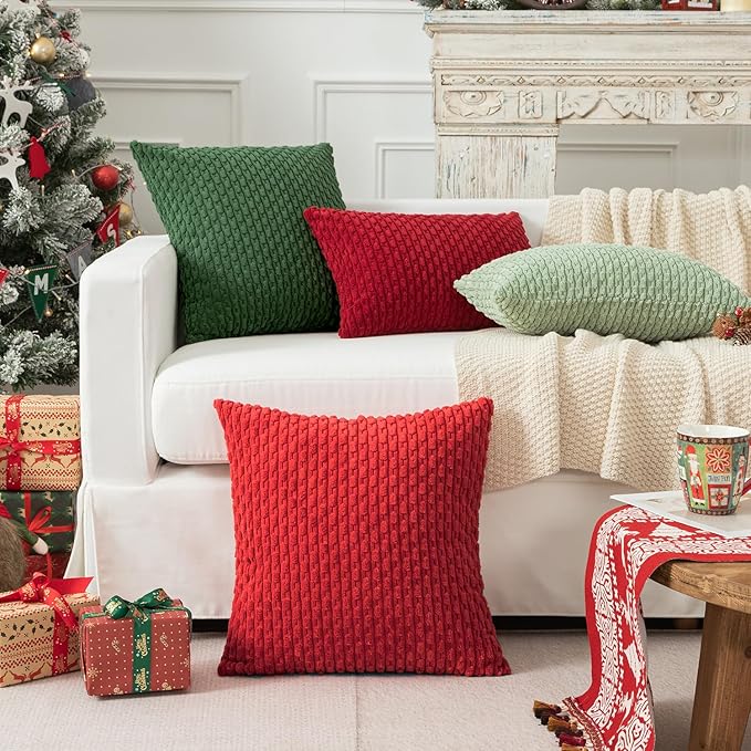 Kevin Textile Throw Pillow Covers Soft Corduroy Decorative Set of 2 Boho Striped Christmas Pillow Covers Pillowcases Farmhouse Home Decor for Couch Bed Sofa Living Room 18x18 Inch Red