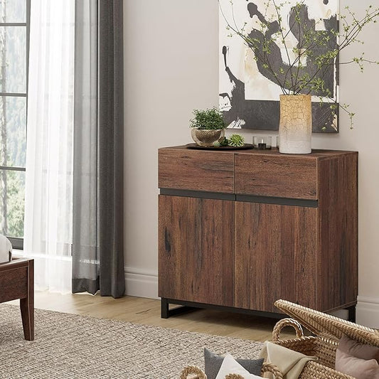 WAMPAT Modern TV Stand for TVs Up to 40 Inch, Entertainment Center with Adjustable Shelves and Metal Base, Media Console for Living Room and Bedroom, Brown