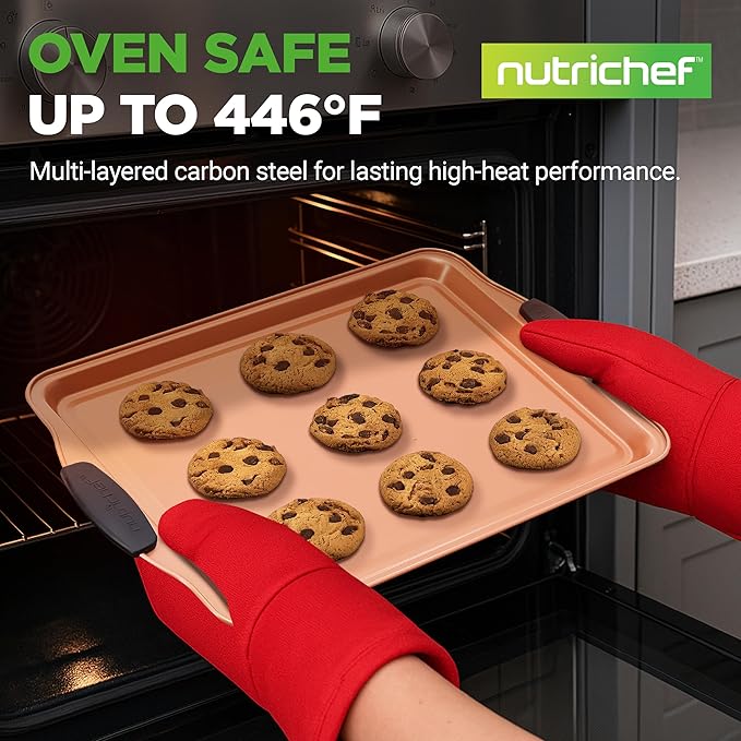NutriChef 3 Piece Baking Pan Set - PFOA, PFOS, PTFE Free Flexible Nonstick Carbon Steel Bakeware Set - Home Kitchen Bake Pan Cookie Sheet Stackable Baking Tray Set w/Black Silicone Handles NCSBS3S45