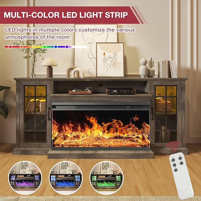 oneinmil 36 Inch 3-Sided Glass Fireplace TV Stand for TVs up to 80", Rustic Media Entertainment Center Console Table with Glass Door Closed Storage, Set of TV Table, Grey