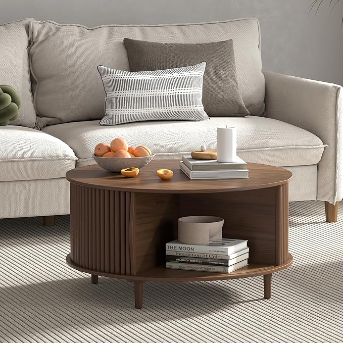 Round Coffee Table with Storage,31.5" Mid Century Modern Coffee Table with Hidden Compartment,Fluted Center Table for Living Room,Home Small Space,Walnut