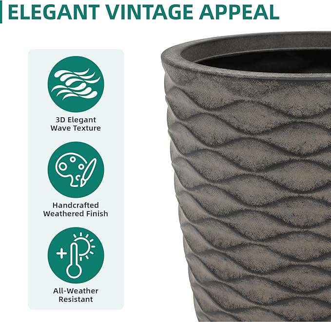 20" Tall Planters Set of 2, High-Density Resin Wavy Outdoor Pots for Plants, Versatile Indoor/Outdoor Flower Pots w/Drainage Holes for Patio, Garden, Porch & Living Room Decor, Ideal Gift