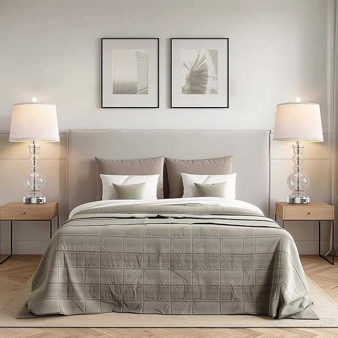 Hamucd 3-Way Dimmable Touch Control Clear Grey Glass Table Lamps Set of 2 with USB A+C for Modern Comtemporary Bedroom Nightstand Living Room Decor(Bulbs Included) (Clear)
