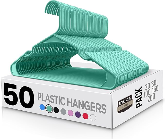 Utopia Home Plastic Hangers 50 Pack - Perfect Space Saving Clothes Hanger - Durable and Strong - Perfect Closet Organizers with Shoulder Grooves (Aqua)