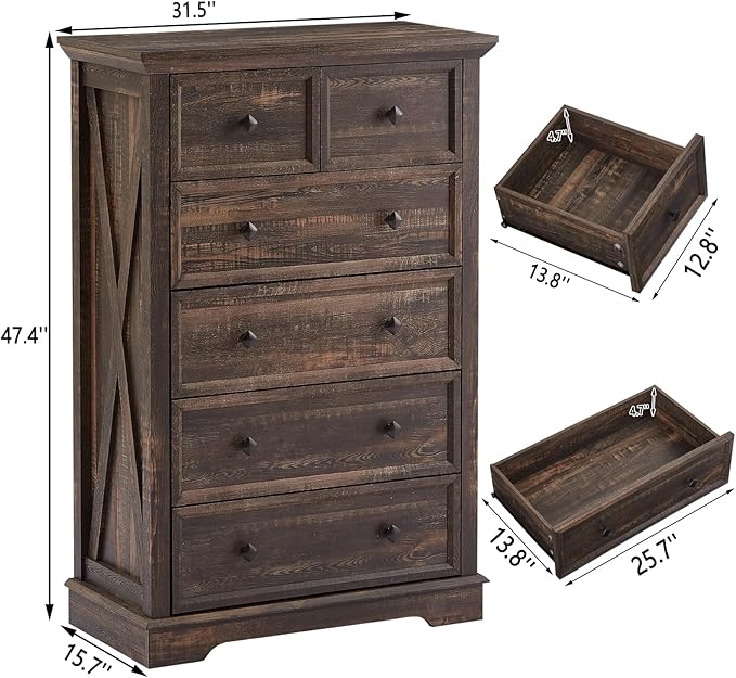 Farmhouse 6 Drawers Dresser Chests for Bedroom,Tall Chest of Drawers, Wood Dressers Organizer for Closet, Modern Storage Organizer Cabinet for Bedroom,Living Room,Hallway & Entryway,Dark Rustic Oak