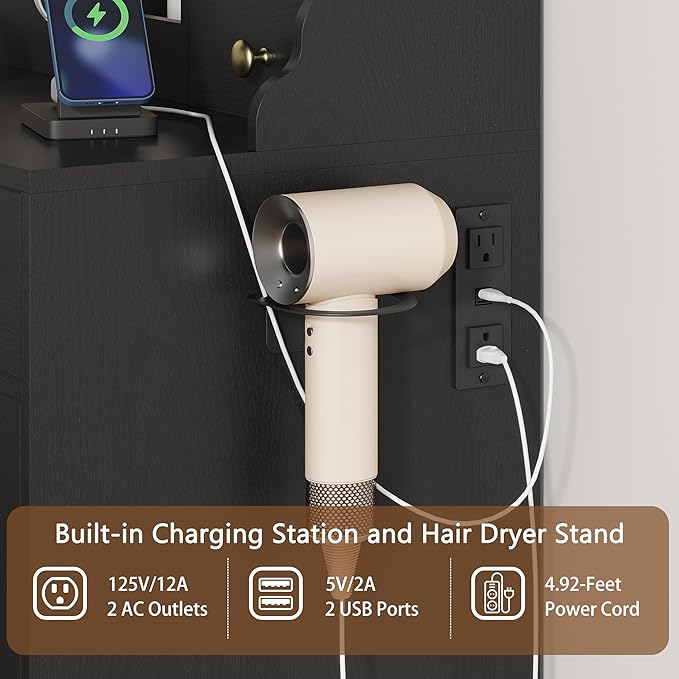 Black Vanity Desk with Mirror and Lights, Makeup Vanity Table with Lighted Mirror, 5 Drawers & RGB Cabinet, Dressing Table Set with Charging Station for Girls Bedroom, 3 Lighting Modes