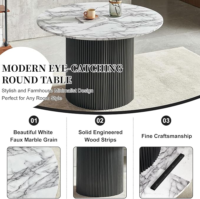 47" Round Kitchen Dining Table Set for 4, Two-Part White Marble Tabletop with Wood Strips, Industrial Home Kitchen Table Set with Off White Sherpa Barrel Dining Accent Side Chairs Comfy