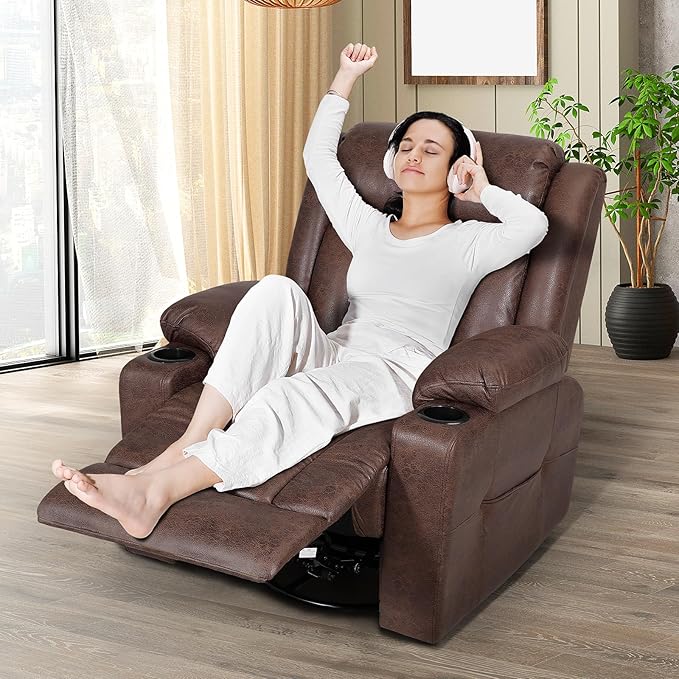 LEVELEVE Retro Rocking Recliner Chair, Massage Rocker Recliner Chair with Vibration Massage and Heat, USB and Type-C Ports,360° Swivel Chairs,Living Room, Bedroom, Nursery, RV, Brown