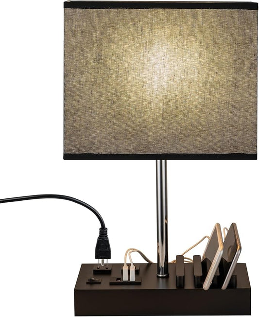 Briever USB Table Lamp, Multi-Functional Bedside Desk Lamp with 2 AC Outlets, 3 USB Charging Ports and Wooden Phone Stand Organizer, Ideal Nightstand Lamp for Bedroom, Black Shade
