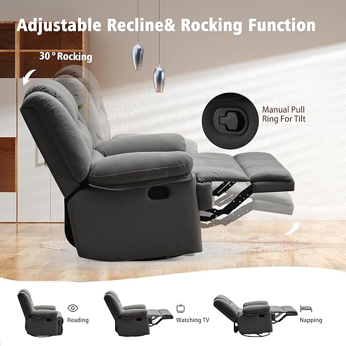 Swivel Rocking Recliner Chair for Adults, Overstuffed Manual Rocker Nursery Recliner Glider, Upholstered Fabric Reclining Single Sofa Chair for Living Room (Dark Grey)