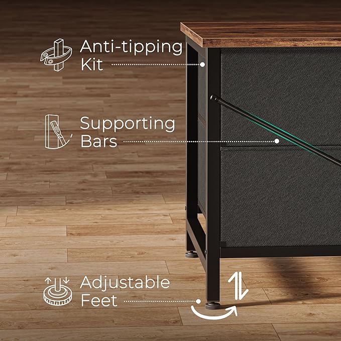 Huuger 63 Inch Long Dresser for Bedroom, Wide TV Stand for 55, 65, 70 Inch TV, 6 Drawer Dresser for Closet with Fabric Drawers, Storage Organizer for Bedroom, Entryway, Rustic Brown and Black