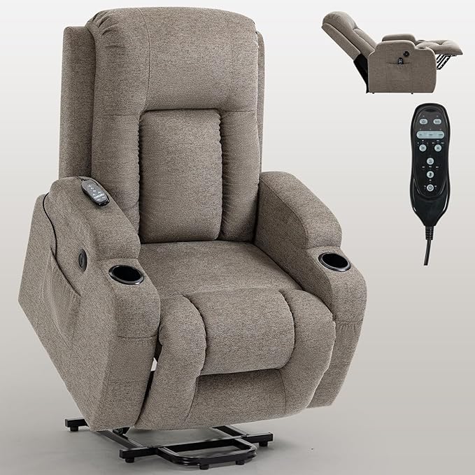 PELUMY Power Lift Recliner Chair for Elderly with Massage & Heat - Heavy Duty Electric Lift Chair, Oversized Recliner, Lay Flat, 8-Point Vibration, Lumbar Heating, USB Port, Cup Holders (Khaki)