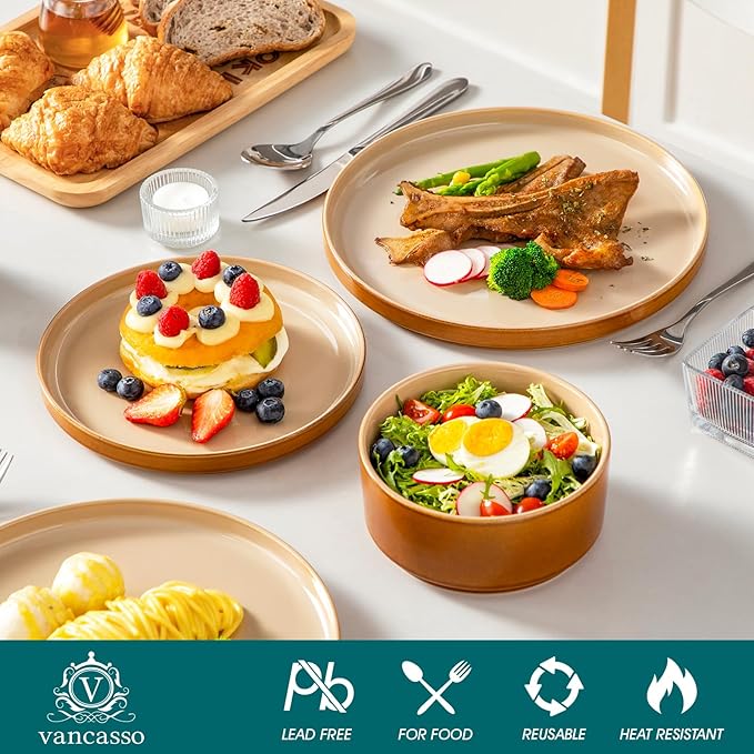 vancasso ONION Ceramic Plates and Bowls Sets, 24 Pieces Brown Dinnerware Sets for Kitchen, Reactive Glaze Dishes Set for 8, Dishwasher and Microwave Safe