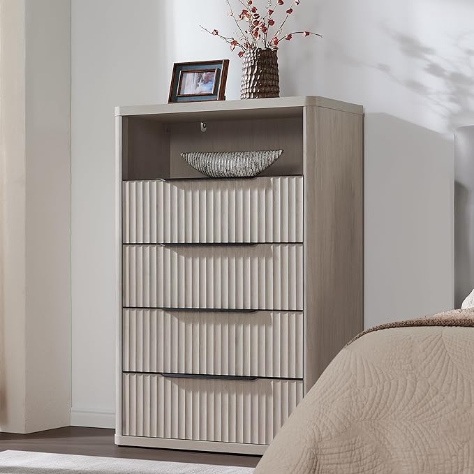 SICOTAS Dresser for Bedroom - Tall Dressers & Chests of Drawers with 4 Drawers Large Modern Dresser for Closet Fluted Wide TV Stand Clothes Closet Storage for Bedroom Hallway Entryway, White Alder