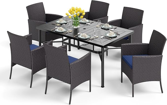 PHI VILLA 7 Piece Patio Dining Table Set for 6, 64" Metal Dining Table with Umbrella Hole & Cushioned Wicker Chairs for Outdoor, Yard, Porch, Deck