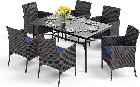 PHI VILLA 7 Piece Patio Dining Table Set for 6, 64" Metal Dining Table with Umbrella Hole & Cushioned Wicker Chairs for Outdoor, Yard, Porch, Deck