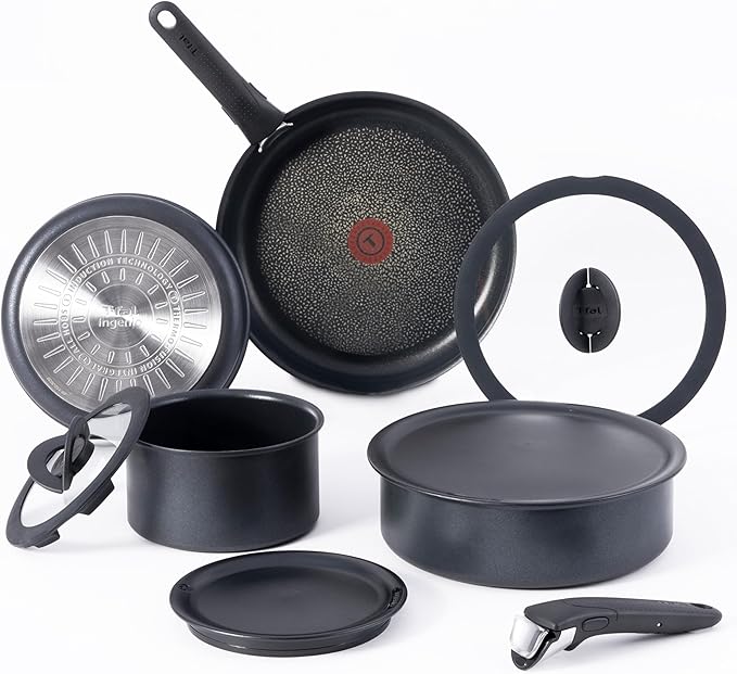T-fal Ingenio Expertise Non Stick Cookware Set 10 Piece, Induction, Oven Broiler Safe 500F, Stackable Cookware, Pots and Pans Set, RV, Camping, Frying Pans, Dishwasher Safe, Detachable Handle,Black