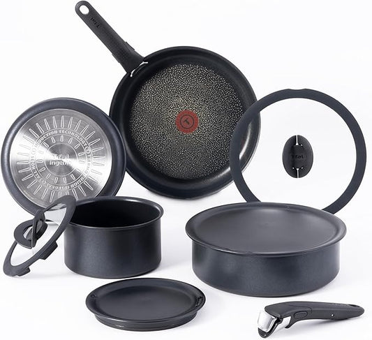 T-fal Ingenio Expertise Non Stick Cookware Set 10 Piece, Induction, Oven Broiler Safe 500F, Stackable Cookware, Pots and Pans Set, RV, Camping, Frying Pans, Dishwasher Safe, Detachable Handle,Black