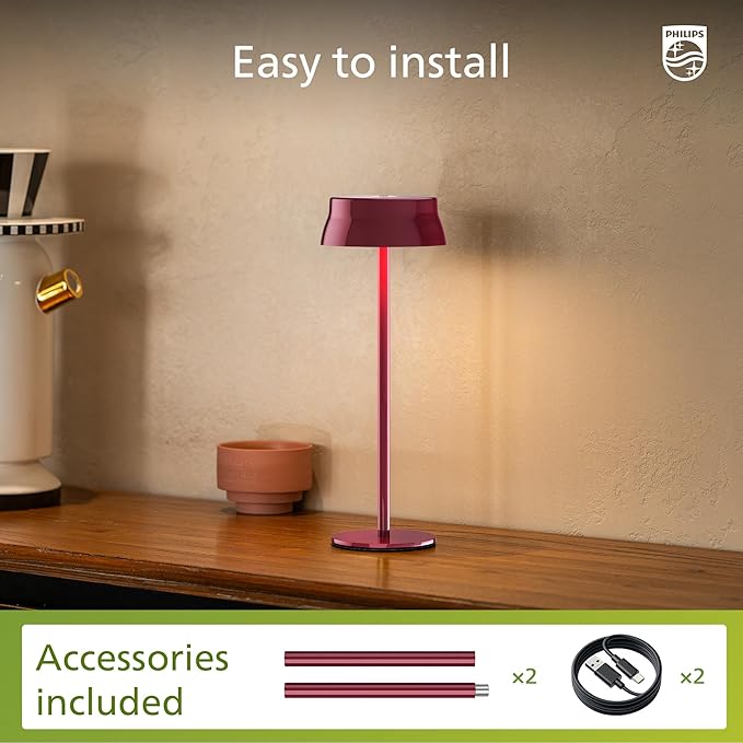 Philips Cordless Table Lamp, Portable Outdoor LED Desk Light,Rechargeable Battery Operated, 2 Adjustable Height, Touch Control & 3 Color Stepless Dimming, Waterproof Lamps for Restaurant/Bedroom