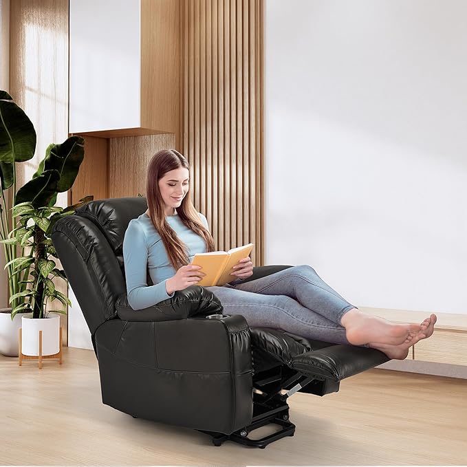 Power Lift Recliner Leather Chair Sofa with Massage & Heat, Lazy Boy Chair with Cup Holders, USB & Type-C Ports, Remote Control (Black)