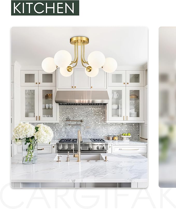 Gold Flush Mount Ceiling Light in Modern Farmhouse Design Features 6 Frosted Glass Shades, Perfect for The Living Room, Bedroom, Or Dining Room. Model:CKCL4845-6W-PG