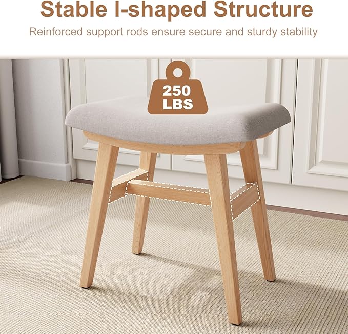 Solid Wood Small Vanity Stool, Compact Makeup Chair with Saddle Cushion, Linen-Covered High Rebound Sponge Seat, Easy Assembly Footstool for Bedroom, Entryway, Home, Natural