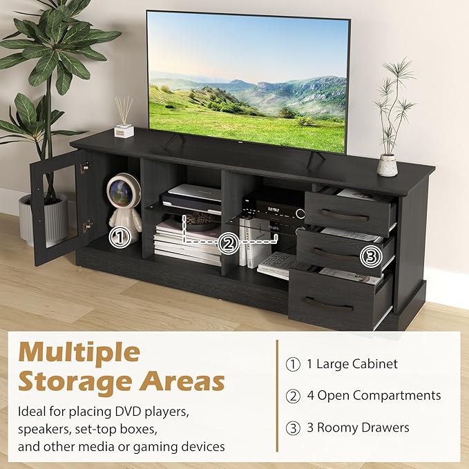 Giantex Farmhouse TV Stand for 73 Inch TV, Wood TV Console Table w/Removable Glass Shelves, Cable Management Holes & Drawers, Rustic Entertainment Center with Storage for Living Room, Bedroom, Black