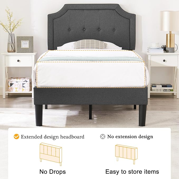 VECELO Twin Size Platform Bed Frame with Fabric Upholstered Headboard and Wooden Slats Support, No Box Spring Needed/Easy Assembly,Grey
