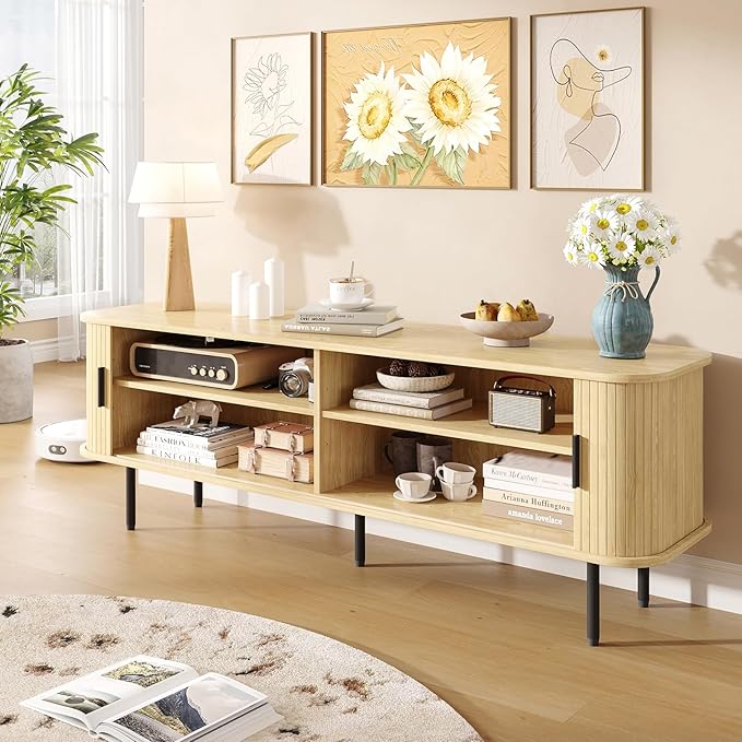63" Natural Fluted TV Stand for TVs up to 75 Inch, Gaming Entertainment Center with Tambour Slatted Sliding Doors and Storage Cabinet, Media TV Consoles Table for Living Room, Office