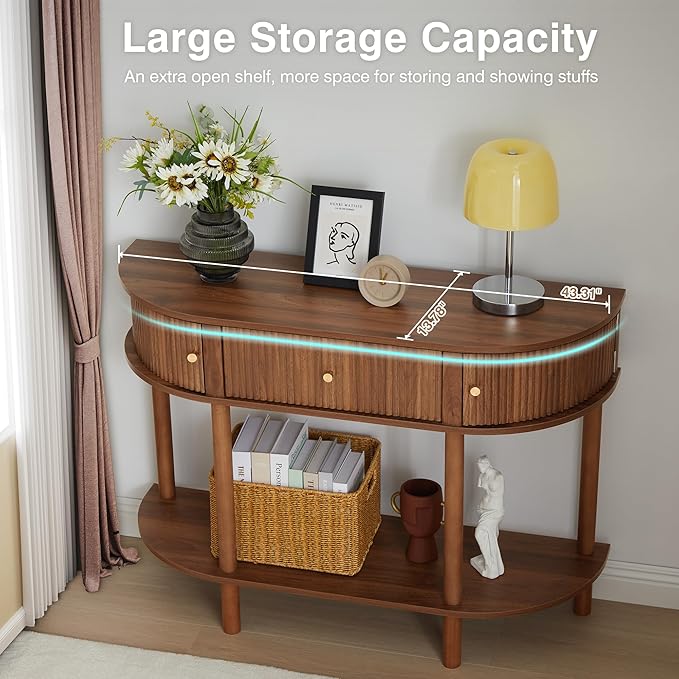 43.3“ Fluted Half Moon Console Table, Modern Entryway Console Sofa Table with Storage, Narrow Wood Accent Tables Behind Couch Tables for Living Room, Hallway, Foyer(Walnut)