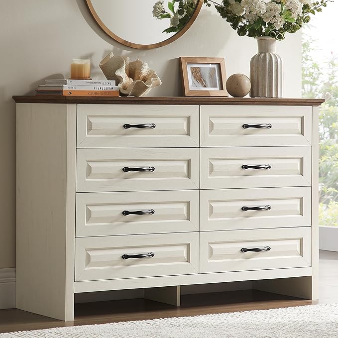 Amada Farmhouse 8 Drawer Dresser for Bedroom, 47.2 Inch Wide Wood Dresser with Natural Texture, Large Drawers, Rustic Farmhouse Chest of Drawers for Bedroom, Living Room, Hallway, Brown & White