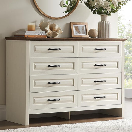 Amada Farmhouse 8 Drawer Dresser for Bedroom, 47.2 Inch Wide Wood Dresser with Natural Texture, Large Drawers, Rustic Farmhouse Chest of Drawers for Bedroom, Living Room, Hallway, Brown & White