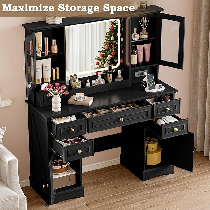 Vanity Desk with Lights, Large LED Mirror with 3 Color Modes, Makeup Vanity with Power Outlet & USB Ports, 6 Drawers & 2 RGB Glass Cabinets, Farmhouse Dressing Table for Women & Girls (Black)