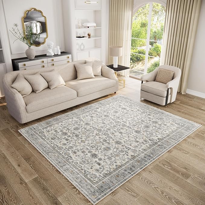 Washable Area Rugs 5'x7' Non-Slip Vintage Boho Distressed Fade Resistant Low Pile Carpet for High-Traffic Living Room, Bedroom & Dining Room