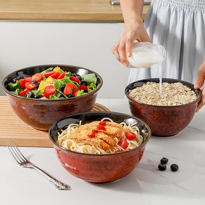 Hasense Mixing Bowls Set of 3, Procelain Serving Bowls Set for Cooking, Baking, Large Nesting Bowls for Salads, Fruit, 2.1/1.5/1.0 Qt, Dishwasher & Microwave Safe, Red