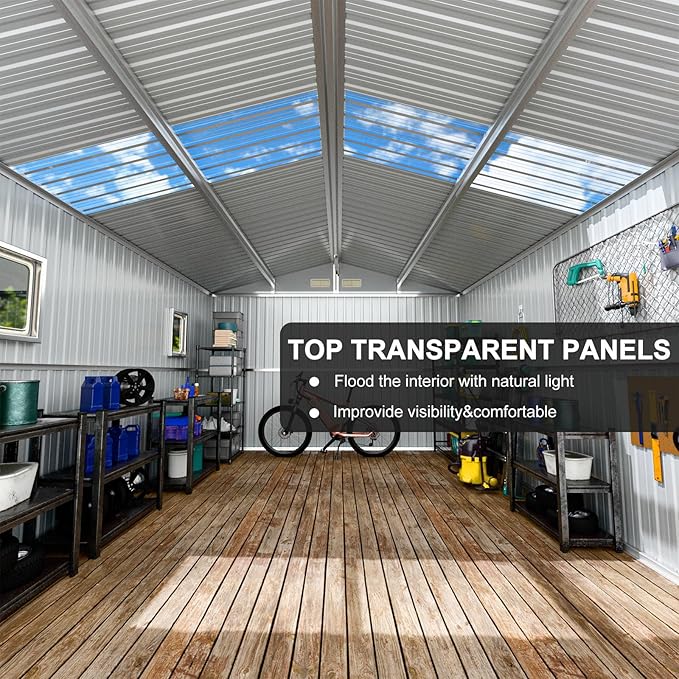 Restland 10x10 FT Outdoor Storage Shed Reinforced Frame Metal Shed with Clear Roof, Air Vent & Lockable Door Large Garden Tool Storage Sheds for Backyard, Garden, Lawn