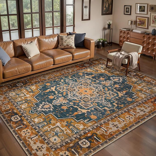 Tangsoo 4x6 Washable Rug Vintage Non Slip Indoor, Distressed Carpet for Living Room, Dining Room, Soft Low Pile Rugs Foldable Floor for Bedroom Dorm Bedside Bathroom Indigo Ochre
