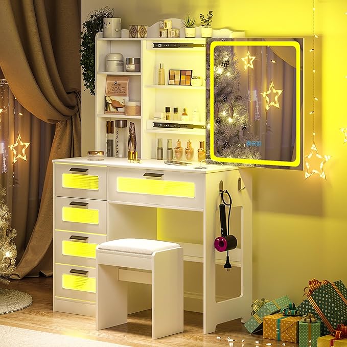 Vanity Desk with Lights and Sliding Mirror, Makeup Vanity Desk with Charging Station, Vanitys Dressing Table with Stool,LED Vanity Set with Large Drawers&Shelves for Bedroom, Decor, White