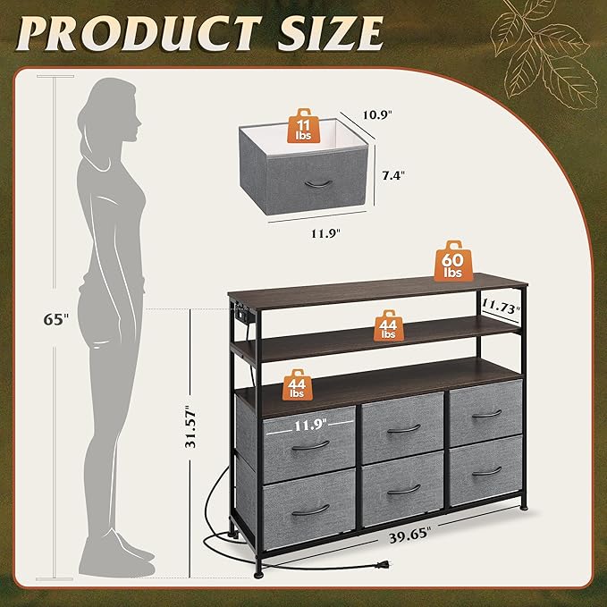 WLIVE Grey TV Stand for 40, 45 inch TV, Entertainment Center with LED Lights & Charging Station, TV Media Console Table with 6 Fabric Drawers and Open Shelves for Living Room, Hallway, Dark Grey