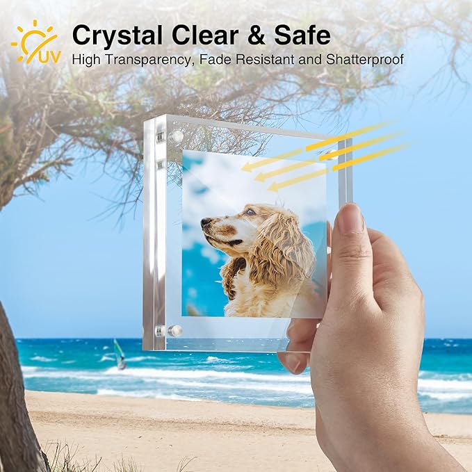 HOUSE DAY Acrylic Picture Frames 4x4, 6 Pack Magnetic 4 x 4 Picture Frame, Double Sided Clear 4x 4 Photo Frame with Microfiber Cloth, Frameless FreeStanding 4x4 Frame Gift for Desktop Display