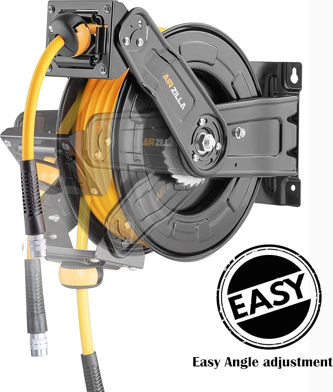 Premium Steel Retractable Air Hose Reel With Dual Arm, 3/8"x65Ft Hybrid Polymer Hose, Heavy Duty Air Hose Reel included Auto Rewind Reel | Quick Air Coupler | Durable Double side Frame