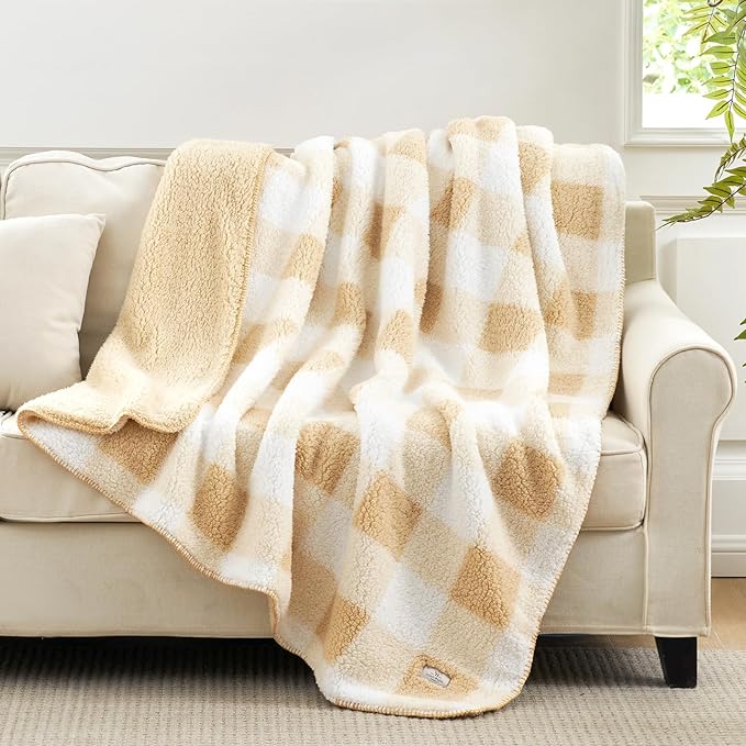 Cozy Bliss Ultra Soft Reversible Double Sherpa Sided Blanket, Buffalo Plaid Throw Blanket Fluffy Thick Warm Plush Fuzzy Blanket for Couch, Bed and Gifts (Beige, 50" x 60")