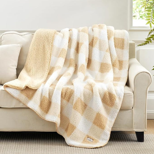 Cozy Bliss Ultra Soft Reversible Double Sherpa Sided Blanket, Buffalo Plaid Throw Blanket Fluffy Thick Warm Plush Fuzzy Blanket for Couch, Bed and Gifts (Beige, 50" x 60")