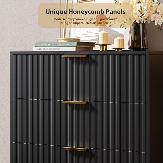 5 Drawer Dresser for Bedroom, 48" Tall Modern Chest of Drawers with Deep Drawers and Wide Top, Fluted Wooden Dresser Organizer for Living Room, Hallway, Kids Room, Black