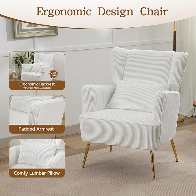 Corduroy Accent Living Room Arm Chair with Pillow & Golden Legs, 8.5" Thick Cushion, Mid Century Modern Wingback Chairs Upholstered Comfy Sofa Armchair for Reading Room/Bedroom, White