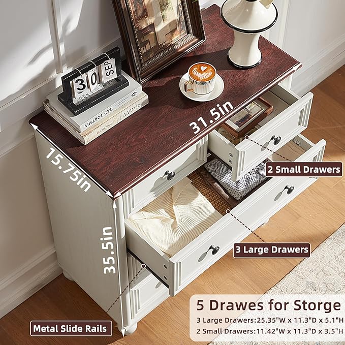 Farmhouse 5 Drawer Dresser for Bedroom Set of 2, 35.5" Tall Small Dressers & Chest of Drawers, Rustic Wood Dresser with Roman Column, Storage Organizer for Living Room, Hallway, Closet (White)