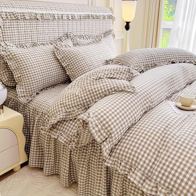 mixinni Vintage Ruffle Tan Gingham Comforter Set 3-Piece Washed Cotton Full Beige Grid Bedding Set with Taupe Geometric Checkered Pattern, Farmhouse Chic Soft Fluffy Comforter for All-Season