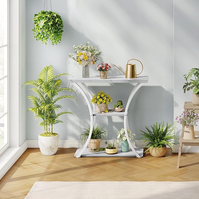 Hoctieon 3 Tier Console Table with Open Wood Shelves, Decorative Entryway Table with Curved Metal Frames, Narrow Sofa Table for Entrance, Living Room, Hallway, White Marbled