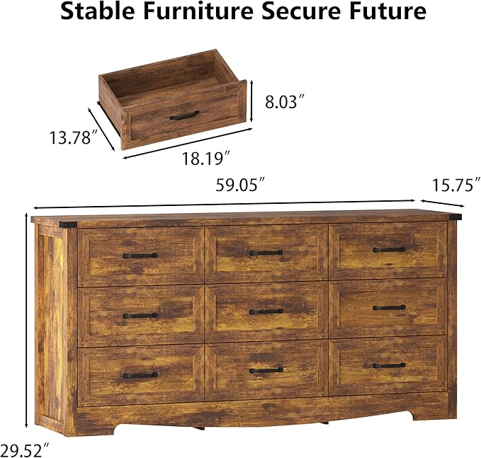 Dresser for Bedroom, 59'' Wide Wooden Chest of Drawers with Natural Wood Texture, 9 Drawer Dresser for Closet with Metal Handles, Sleek Storage Solution for Living Room, Office, Hallway, Brown