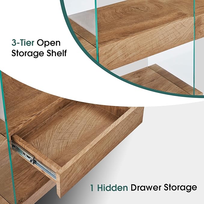 ivinta Glass Console Table with Storage Shelves, 3-Tier Modern Narrow Entryway Table with Hidden Drawer for Living Room Hallway or Entrance, 5104 (Brown, 39")